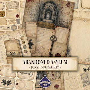 Könnte beinhalten: Ein Junk-Journal-Set mit Vintage-Papier-Ephemera zum Thema verlassene Irrenanstalt. Die Sammlung enthält Patientenakten, Aufnahmeformulare, Tintenkleckse, eine Abbildung eines Skelettschlüssels und ein Banner mit der Aufschrift ABANDONED ASYLUM - Junk Journal Kit -.