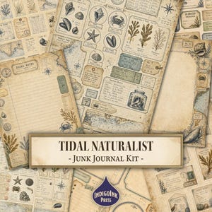 May include: A collection of vintage-style paper sheets featuring marine biology illustrations, including seashells, crabs, starfish, and seaweed. The pages contain nautical charts, specimen records, and the text TIDAL NATURALIST - JUNK JOURNAL KIT.