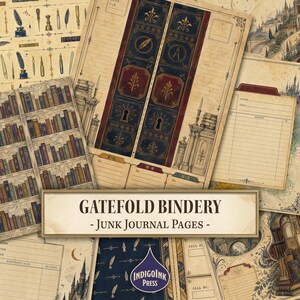 May include: A collection of vintage-style junk journal pages featuring illustrations of library bookshelves, quill pens, inkwells, and architectural elements. The pages include index cards, gatefold designs, and text labels like GATEFOLD BINDERY.