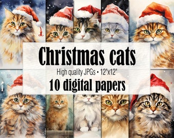 Chat de Noël imprimable, papier d’emballage de chat papier numérique d’hiver, éphémères de chat de Noël, journal indésirable d’hiver, album de Noël