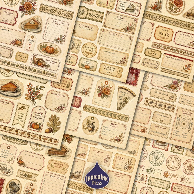 Thanksgiving Table Fussy Cuts, Thanksgiving Menu, Harvest Table, Place Cards, Menu Card, Antique Brass, Printable Ephemera, Digital Download image 2