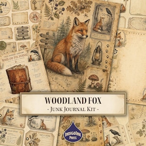 Op de afbeelding: Een Woodland Fox junk journal kit met vintage-stijl vellen papier met illustraties van vossen, paddenstoelen, lantaarns en bosborden. De collectie bevat diverse ephemera, labels en kaarten in sepiatinten met de tekst Woodland Fox.