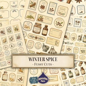 May include: A collection of vintage-style paper ephemera featuring illustrations of spices, jars, and labels with text like Winter Spice, Gingerbread Spice, and Kitchen Notes. The cream-coloured sheets contain various rectangular and circular designs.