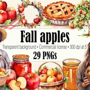Fall Apple Clipart, Apple Orchard Clipart, Fall Girl Clipart, Apple Pie Clipart, Apple Picking Apple Wreath, Fruit Clipart Boho Fall Clipart
