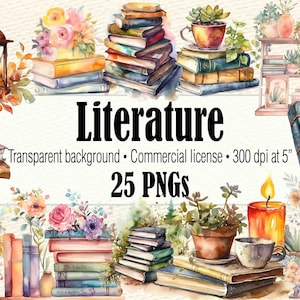 Watercolor Literature Clipart, Book Stack Clipart Bookshelf, Bookish Clipart, Reading Nook Books Clipart, Book Worm PNG Bookcase Clipart