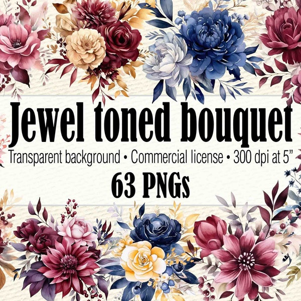 Watercolor Jewel Tone Floral Clipart, Jewel Tone Wedding Clipart, Burgundy Navy And Champagne Bouquet, Burgundy Watercolor Burgundy Bouquet