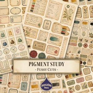 May include: A collection of vintage-style paper ephemera featuring botanical illustrations, pigment charts, wax seal motifs, and handwritten notes. The sheets include various labels, tags, and tickets with aged paper textures and historical text.