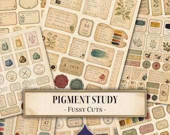 May include: A collection of vintage-style paper ephemera featuring botanical illustrations, pigment charts, and handwritten notes. The sheets include various labels, tags, and stamps with text such as PIGMENT STUDY - FUSSY CUTS and INDIGO INK PRESS.