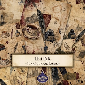Puede incluir: Una colección de páginas para diario de estilo vintage con papel teñido de té, ilustraciones de plumas, tinteros, tazas de té y bocetos arquitectónicos. El texto TEA INK - JUNK JOURNAL PAGES está centrado en un marco rectangular.