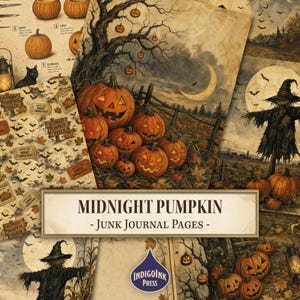May include: A collection of Midnight Pumpkin junk journal pages featuring vintage-style illustrations of jack-o'-lanterns, scarecrows, bats, and crescent moons. The paper designs include dark autumn landscapes, rustic fences, and text labels.