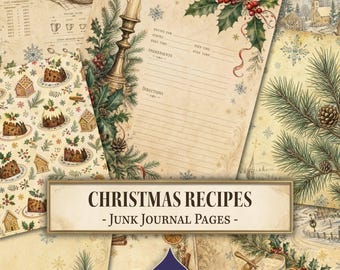 Weihnachtsrezepte für Junk-Journal-Seiten, Weihnachtsrezepte, Vintage-Kochbuch, Feiertagsjournal, Junk-Journal-Vorlage zum Ausdrucken, Digitaler Download