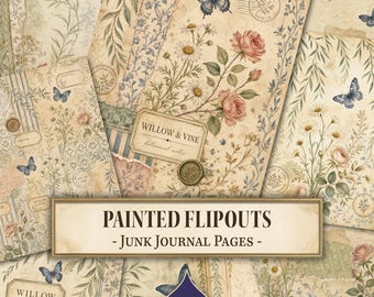 May include: A collection of vintage-style paper sheets featuring botanical illustrations of roses, daisies, and butterflies. The pages include text labels reading Willow & Vine, postal stamps, and the title Painted Flipouts - Junk Journal Pages.