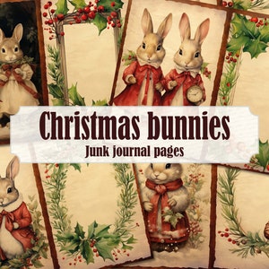 Christmas Bunnies Junk Journal Pages, Vintage Christmas Rabbit Scrapbook Papers, Victorian Christmas Ephemera, Retro Christmas Printable