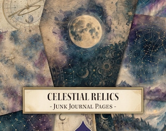 May include: A collection of celestial-themed paper sheets featuring illustrations of the moon, constellations, star charts, and vintage astronomical diagrams in shades of deep blue, purple, and cream. Text reads: CELESTIAL RELICS - Junk Journal Pages -.