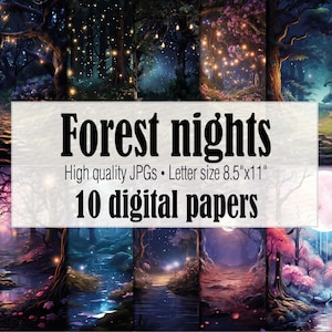 Papier numérique de la forêt magique, papier peint de la forêt enchantée de nuit, Fairy Forest Junk Journal Fantasy Ephemera, fond imprimable de la forêt