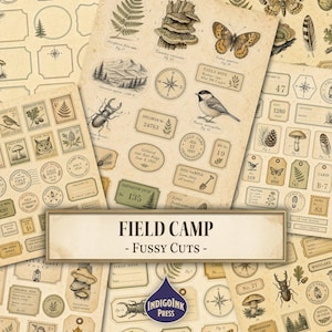 May include: A collection of vintage-style paper ephemera sheets featuring botanical and nature illustrations, including ferns, mushrooms, butterflies, beetles, birds, compasses, and field notes with text labels like Field Camp Fussy Cuts.