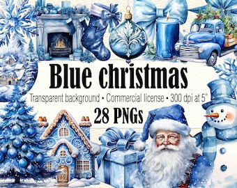 Blue Christmas Clipart, Watercolor Blue Christmas PNG Bundle, Blue Snowflake PNG, Snowman Clipart, Modern Christmas Tree Clipart