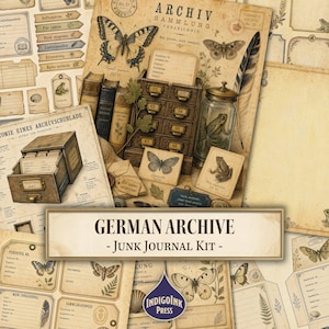 May include: A German Archive junk journal kit featuring vintage-style paper ephemera with illustrations of butterflies, frogs, feathers, and old books. The collection includes labels, index cards, and archival documents in sepia tones.