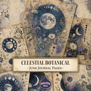 Può includere: Una collezione di fogli di carta in stile vintage con illustrazioni celesti e botaniche. I disegni includono fasi lunari dettagliate, cieli stellati e vari arrangiamenti floreali su sfondi invecchiati simili a pergamena con testo.