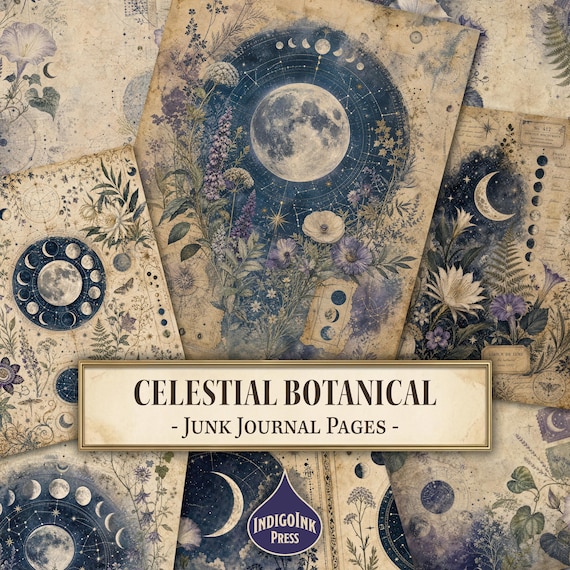 Celestial Botanical Junk Journal Pages, Moon Phase Charts, Star Maps, Garden Labels, Junk Journal Printable, Digital Download