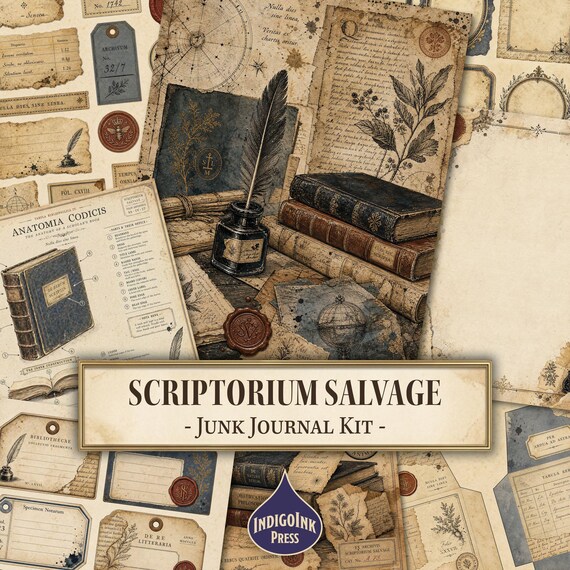 Scriptorium Salvage Junk Journal Kit, Dark Academia, Wax Seal, Collage Supplies, Vintage Scrapbooking, Printable Digital Download