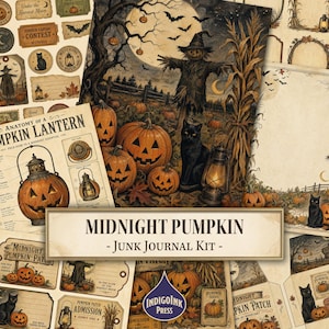 Könnte beinhalten: Ein Midnight Pumpkin Junk-Journal-Set mit verschiedenen Papierbögen, die Illustrationen von Kürbissen, schwarzen Katzen, Vogelscheuchen, Maiskolben und alten Laternen zeigen. Das Set enthält zudem Anhänger, Etiketten und Diagramme.