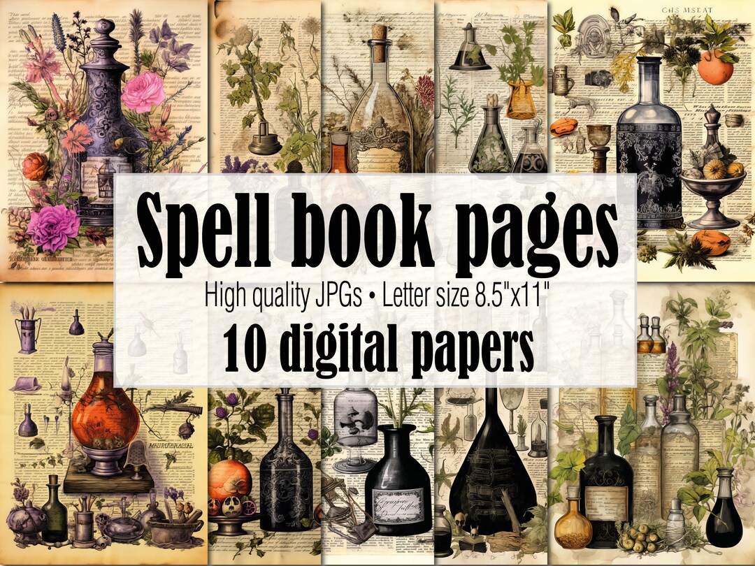Spellbook Pages Digital Paper, Vintage Potion Witch Junk Journal ...