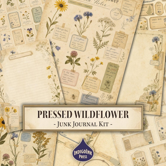 Pressed Wildflower Junk Journal Kit, Field Notes, Wildflower Ephemera, Vintage Botanical, Letter Writing Set, Printable Digital Download