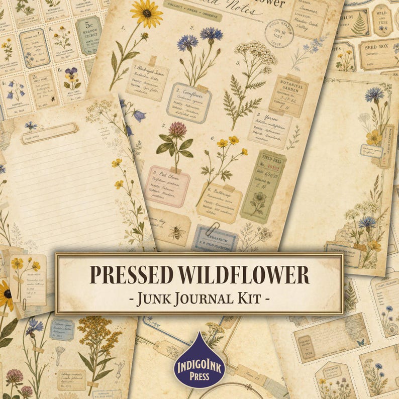 Pressed Wildflower Junk Journal Kit, Field Notes, Wildflower Ephemera, Vintage Botanical, Letter Writing Set, Printable Digital Download image 1