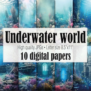 Unterwasser digitales Papier, Unterwasser Meer Hintergrund, Meerjungfrau Junk Journal Fantasy Ephemera, Magic Piratenschiff Märchen Schloss Kulisse
