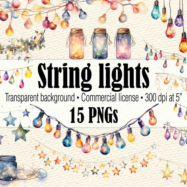 Watercolor Christmas Lights Clipart, Christmas String Lights Clipart, Light Overlay Boho Fairy Lights Wdding Clipart, Christmas Lights PNG