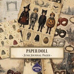 May include: A collection of vintage-style paper doll junk journal pages featuring Halloween illustrations of children in costumes, including a witch, skeleton, black cat, and pumpkin, alongside masquerade masks and text reading PAPER DOLL - JUNK JOURNAL PAGES.