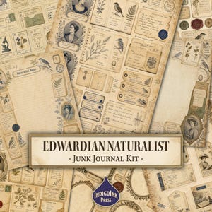 Könnte beinhalten: Ein Junk-Journal-Set mit dem Titel Edwardian Naturalist, bestehend aus Papierbögen im Vintage-Stil mit sepiafarbenen Illustrationen von Vögeln, botanischen Exemplaren, antiken Porträts, handschriftlichen Notizen, Briefmarken und Wachssiegeln.