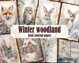 Winter Wald Tiere Junk Journal Seiten, Weihnachten Scrapbook Winter Szene, Natur Winter Wald Junk Journal Printable, Winter Wonderland