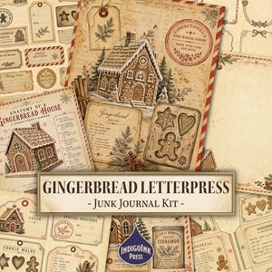 Lebkuchen-Letterpress-Junk-Journal-Set, Viktorianische Weihnachten, Rezept-Ephemera, Botanische Etiketten, Wachsstempel, Druckbarer digitaler Download