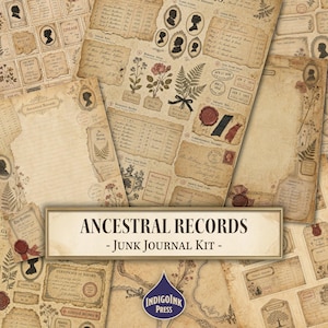Puede incluir: Una colección de papeles de época en tonos beige y sepia, con ilustraciones botánicas, retratos de siluetas y texto manuscrito. El texto de la imagen dice "ANCESTRAL RECORDS - JUNK JOURNAL KIT -."