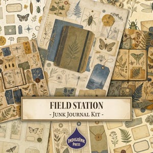 Può includere: Un kit per junk journal intitolato Field Station contenente una collezione di efemeridi cartacee con illustrazioni botaniche, insetti, farfalle, libellule, copertine di libri vintage e texture di pergamena invecchiata in toni della terra.