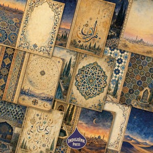 Arabian Nights Junk Journal Pages, Watercolor Islamic Patterns, Mystic Digital Papers, Line Art, Junk Journal Printable, Digital Download image 4