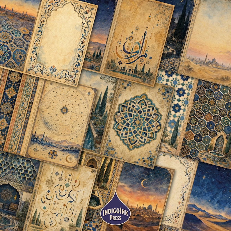 Arabian Nights Junk Journal Pages, Watercolor Islamic Patterns, Mystic Digital Papers, Line Art, Junk Journal Printable, Digital Download image 4