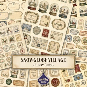 Snöglobsby Fussy Cuts, Vinterby, Jul, Akvarelljul, Jultrycksaker, Utskrivbara Trycksaker, Digital Nedladdning bild 1