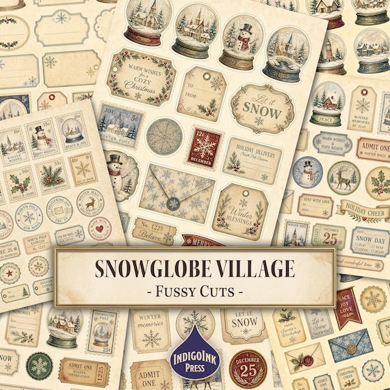 Snowglobe Village Fussy Cuts, Winter Village, Christmas, Watercolor Christmas, Christmas Ephemera, Printable Ephemera, Digital Download
