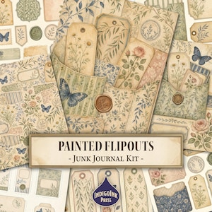 以下が含まれることがあります： PAINTED FLIPOUTSと題されたジャンクジャーナルキット。植物のイラスト、花柄、蝶、タグ、ポケットが印刷された紙シートで、青、緑、クリーム色の落ち着いた色調で構成され、シーリングワックスのグラフィックとIndigoInk Pressのロゴが含まれています。