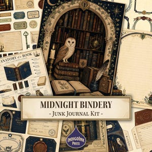May include: A Midnight Bindery junk journal kit featuring printed paper ephemera with illustrations of a barn owl, bookshelves, candles, keys, and wax seals. The collection includes library-themed stationery, book anatomy charts, and lined pages.