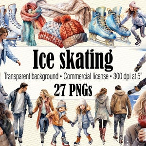 Ice Skating PNG, Figure Skating Watercolor Winter Scene Clipart, Ice Skate Printable For Invitation, Cozy Winter Clipart For Commercial Use