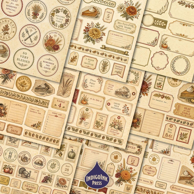 Thanksgiving Table Fussy Cuts, Thanksgiving Menu, Harvest Table, Place Cards, Menu Card, Antique Brass, Printable Ephemera, Digital Download image 3