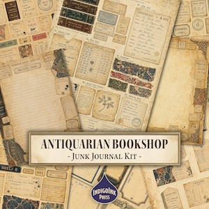 Antiquarian Bookshop Junk Journal Kit, Dark Academia, Book Lovers, Library Ephemera, Vintage Labels, Pocket Cards, Printable Digital