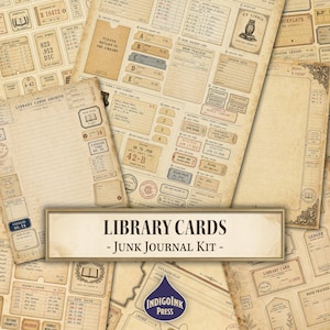 May include: A collection of vintage-style paper ephemera featuring library cards, book tracker cards, index tabs, and archive notes with aged beige textures. The set includes printed text such as Library Cards Archive and Ex Libris with an owl graphic.