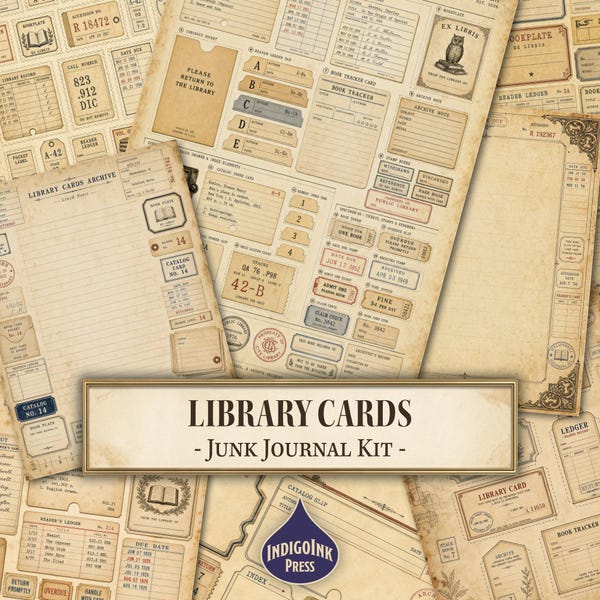 Library Cards Junk Journal Kit, Dark Academia, Vintage Library, Book Lover, Book Tracker, Reading Planner, Printable Digital Download