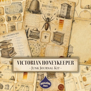 Viktorianskt Honeykeeper-skräpjournalkit, bipapper, vaxsigill, bläcktvätt, honungsetikett, åldrad elfenbensbakgrund, utskrivbar digital nedladdning