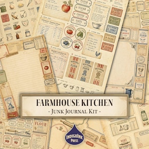 May include: A collection of vintage-style paper sheets for a junk journal kit titled Farmhouse Kitchen. The pages feature illustrations of kitchen supplies, flour sacks, canning labels, recipes, ledger forms, and grocery tickets in muted tones.